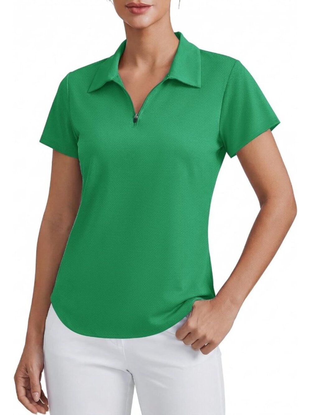 Womens Green  Golf Shirt Short Sleeve UPF 50+ Tennis Polo 1/4 Zip Quick Dry++